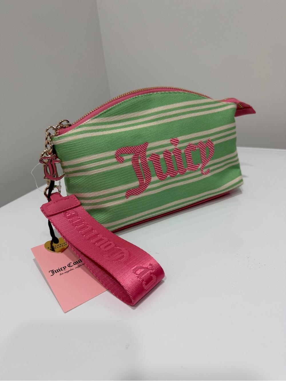 Juicy Couture Pink & Green Striped Wristlet Pouch